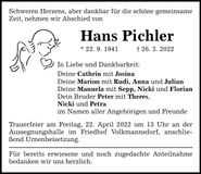 Traueranzeige Hans Pichler