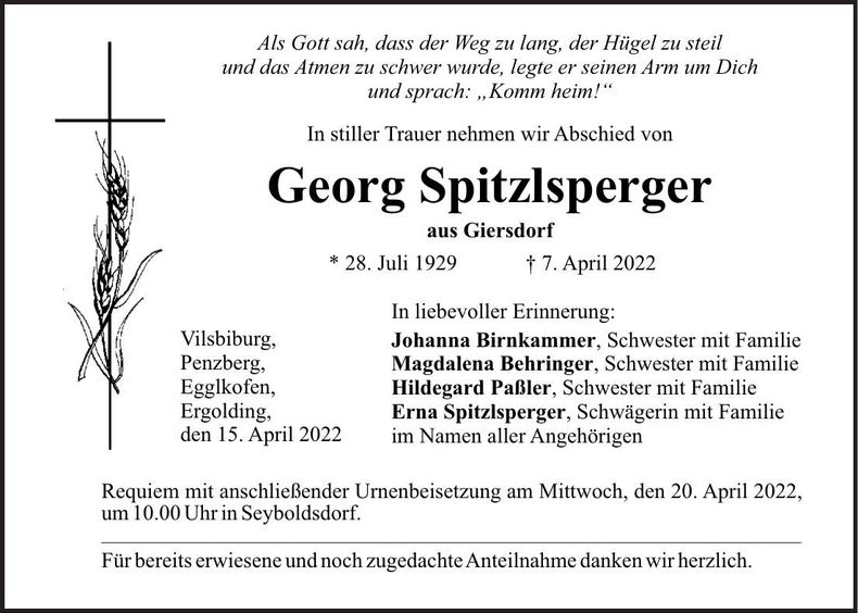 Traueranzeige Georg Spitzlsperger