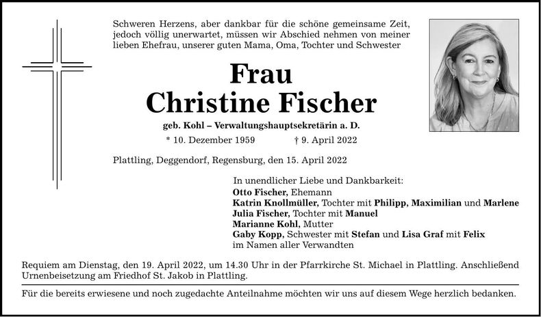 Traueranzeige Christine Fischer