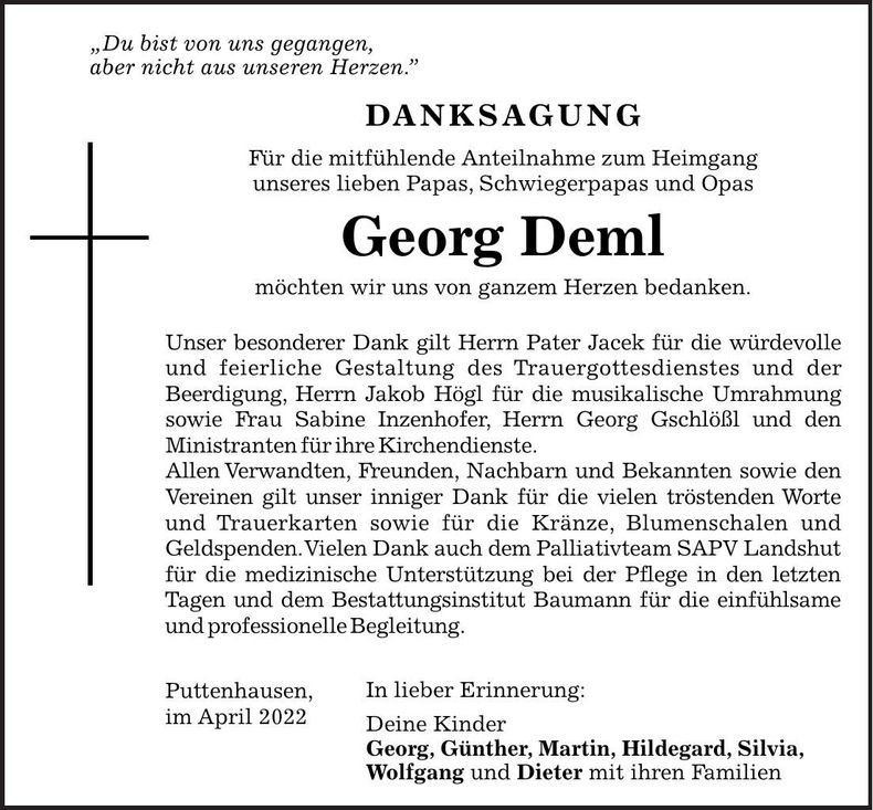 Traueranzeige Georg Deml