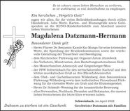 Traueranzeige Magdalena Datzmann-Hermann