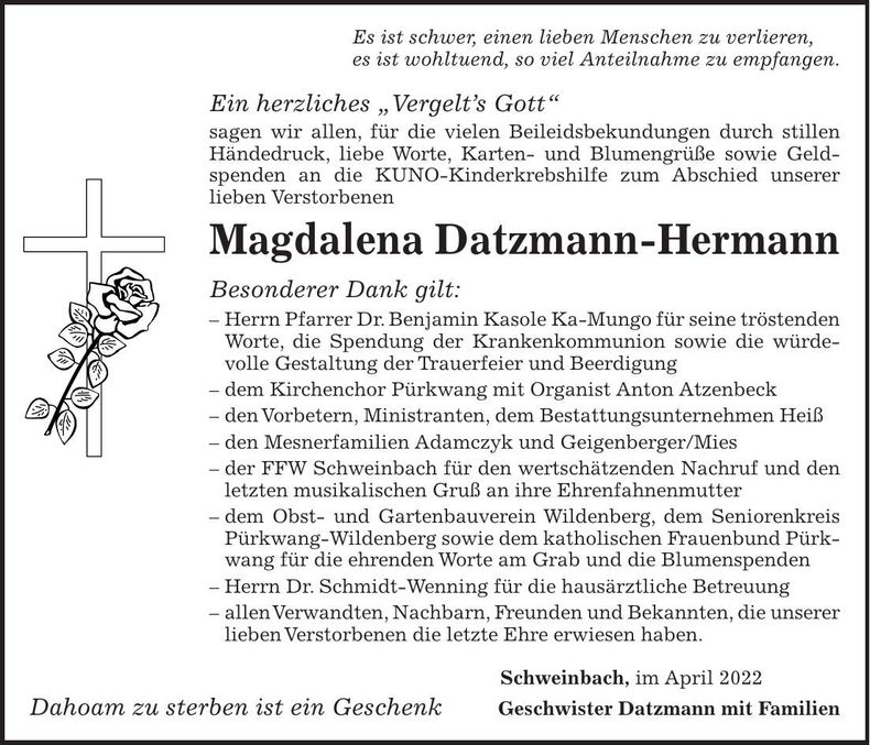 Traueranzeige Magdalena Datzmann-Hermann