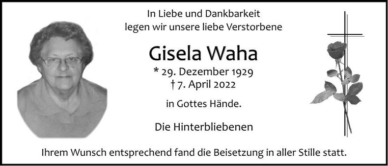 Traueranzeige Gisela Waha