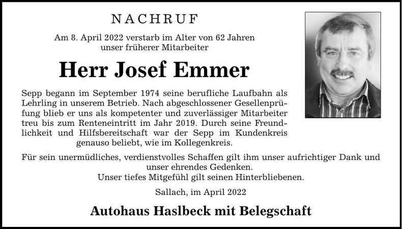 Traueranzeige Josef Emmer