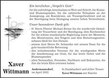 Traueranzeige Franz Xaver Wittmann