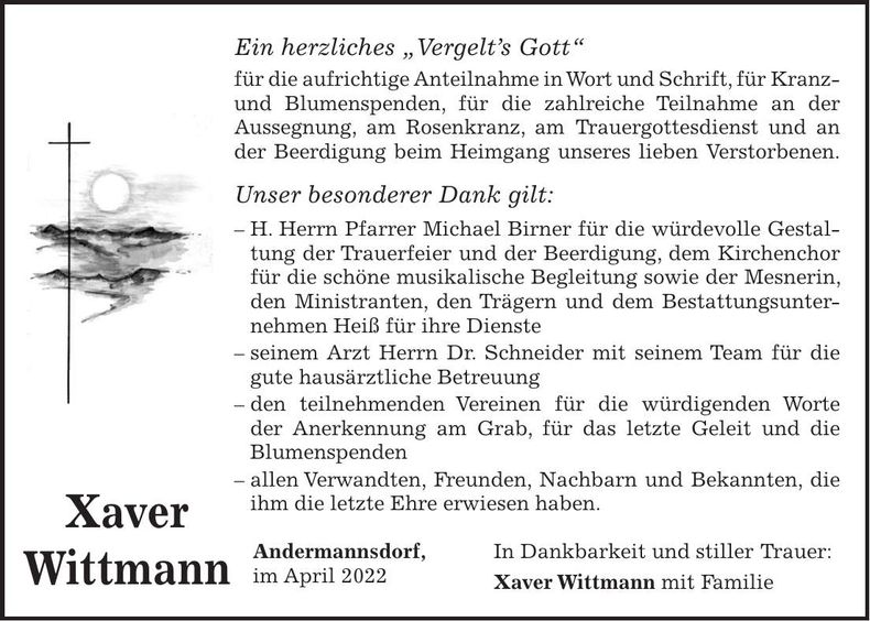 Traueranzeige Franz Xaver Wittmann