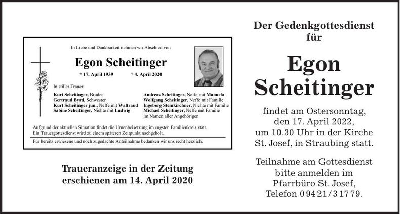 Traueranzeige Egon Scheitinger