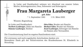 Traueranzeige Margaretha Lauberger