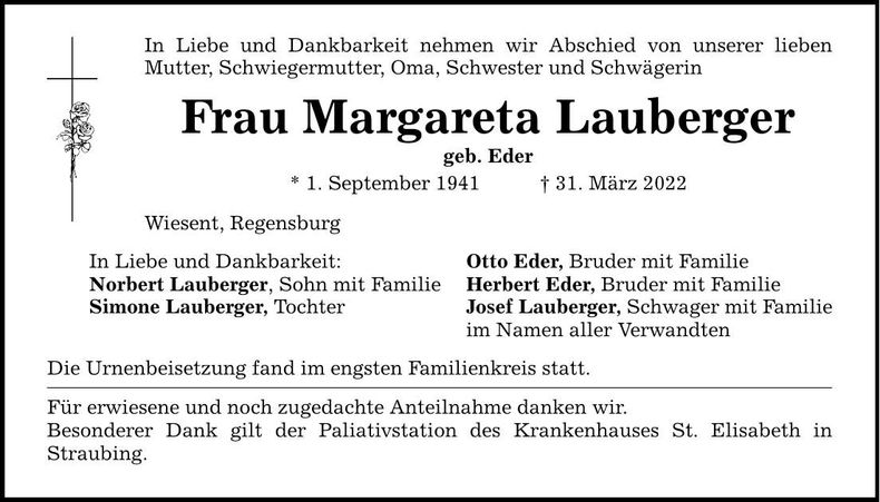 Traueranzeige Margaretha Lauberger