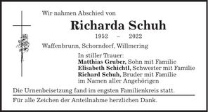 Traueranzeige Richarda Schuh