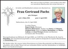 Traueranzeige Gertraud Fuchs