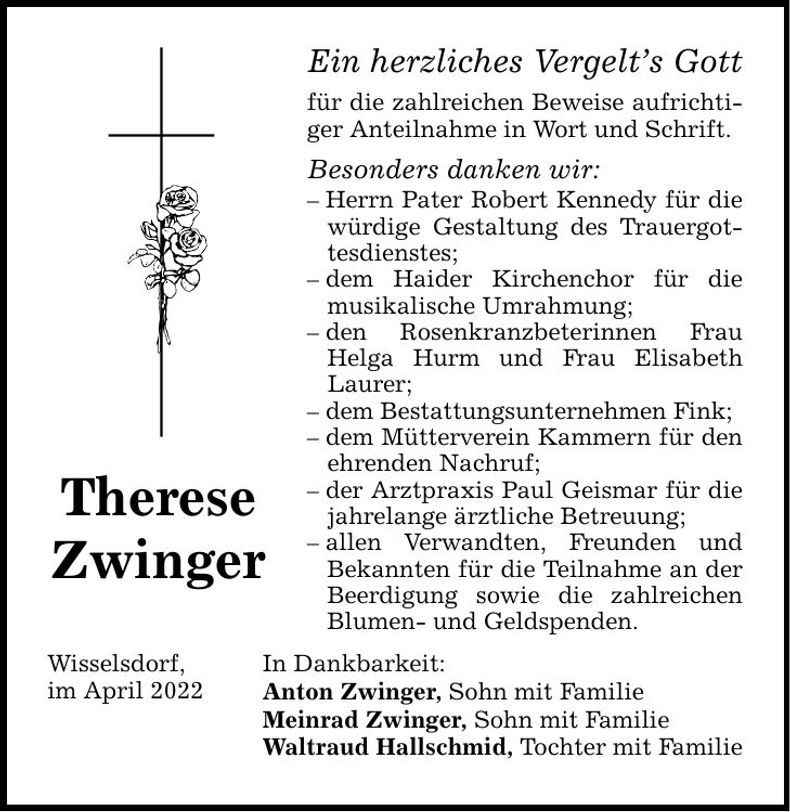 Traueranzeige Therese Zwinger