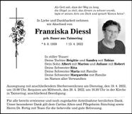 Traueranzeige Franziska Diessl