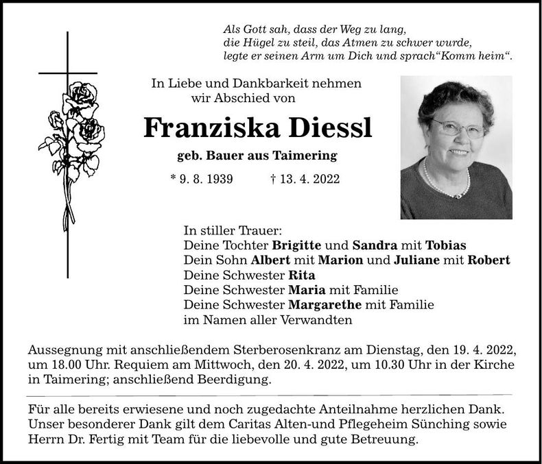 Traueranzeige Franziska Diessl