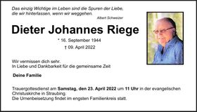 Traueranzeige Dieter Johannes Riege