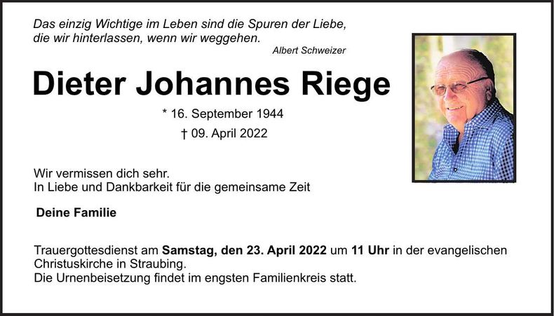 Traueranzeige Dieter Johannes Riege