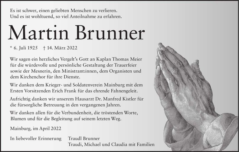 Traueranzeige Martin Brunner