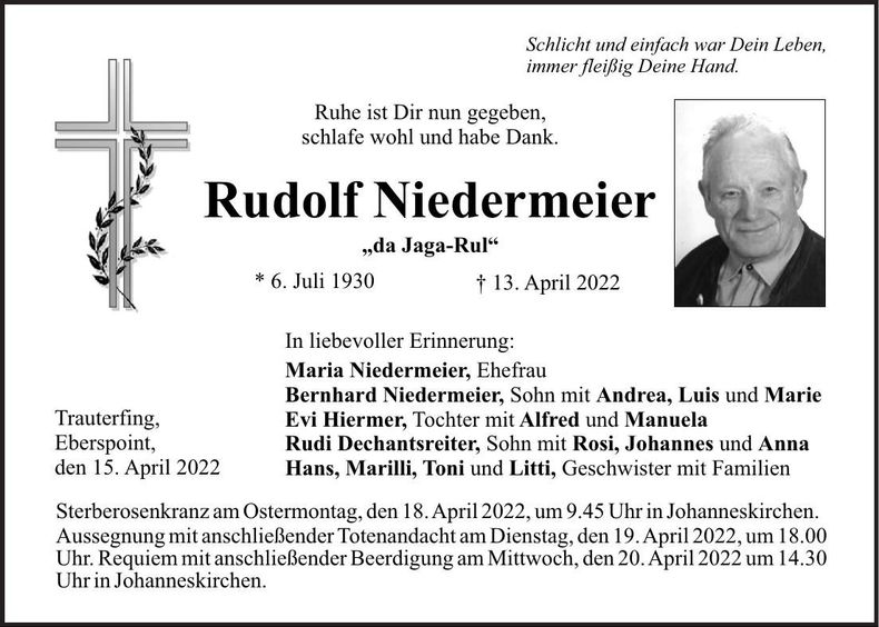 Traueranzeige Rudolf Niedermeier