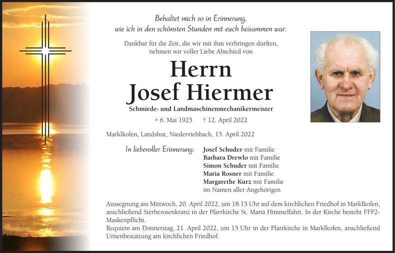 Traueranzeige Josef Hiermer