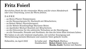 Traueranzeige Fritz Foierl