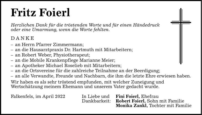 Traueranzeige Fritz Foierl