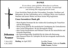 Traueranzeige Johanna Neuner