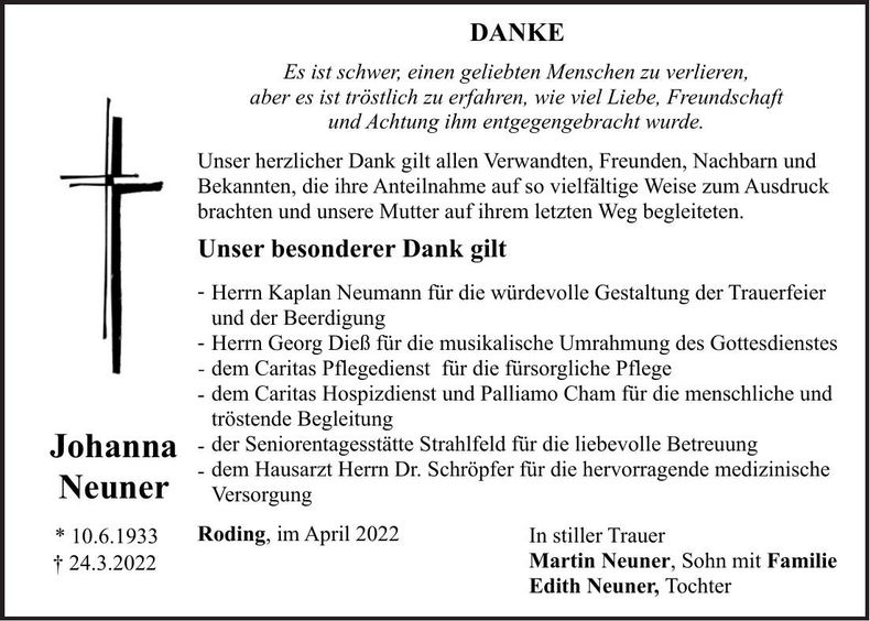 Traueranzeige Johanna Neuner