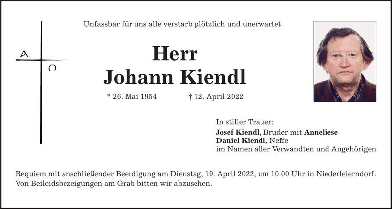 Traueranzeige Johann Kiendl