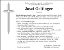 Traueranzeige Josef Geltinger