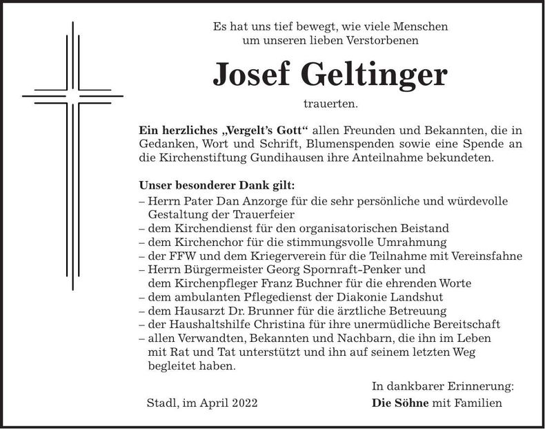 Traueranzeige Josef Geltinger