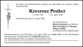 Traueranzeige Kreszenz Peuker