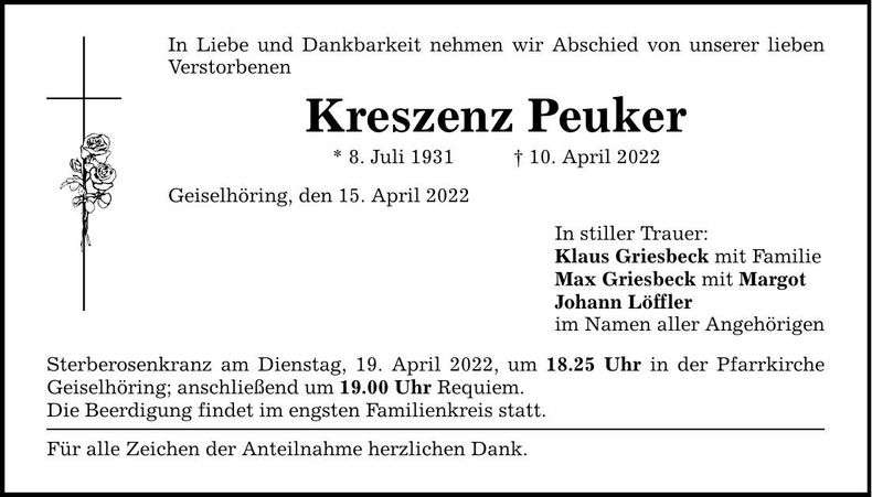 Traueranzeige Kreszenz Peuker