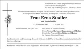 Traueranzeige Erna Stadler