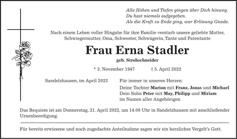 Traueranzeige Erna Stadler