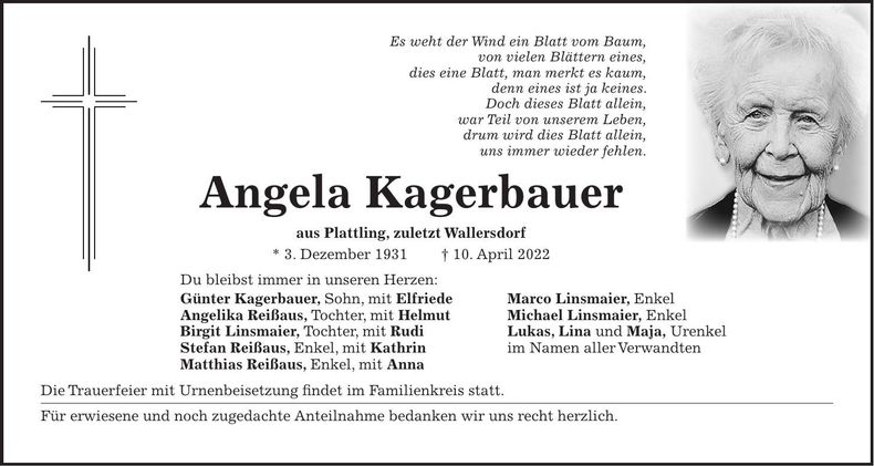 Traueranzeige Angela Kagerbauer
