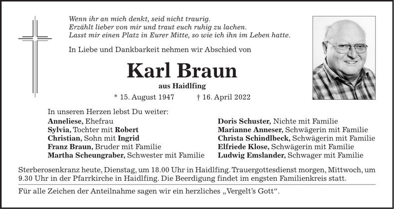 Traueranzeige Karl Braun