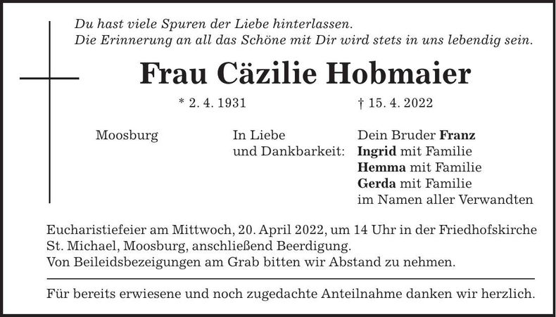 Traueranzeige Cäzilie Hobmaier