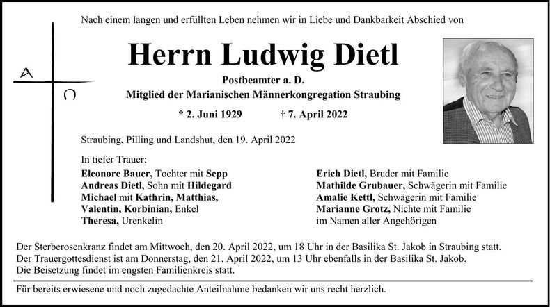 Traueranzeige Ludwig Dietl