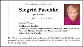 Traueranzeige Siegrid Paschke
