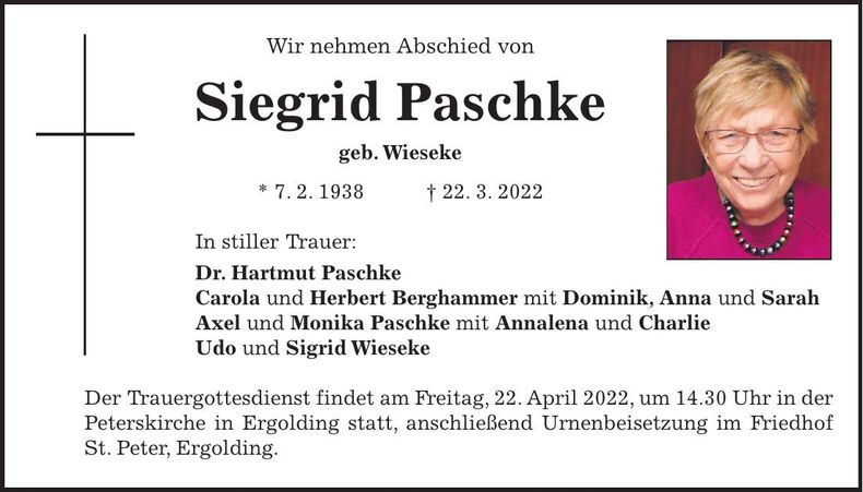 Traueranzeige Siegrid Paschke