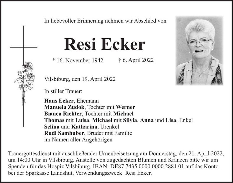 Traueranzeige Resi Ecker