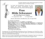 Traueranzeige Hildegard Schwanzer