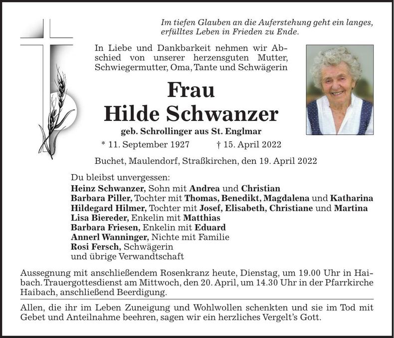 Traueranzeige Hildegard Schwanzer
