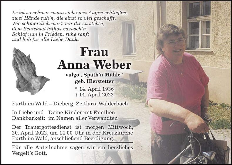 Traueranzeige Anna Weber