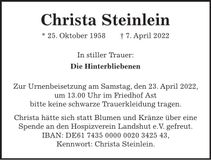 Traueranzeige Christa Steinlein