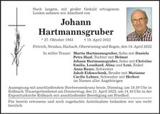 Traueranzeige Johann Hartmannsgruber