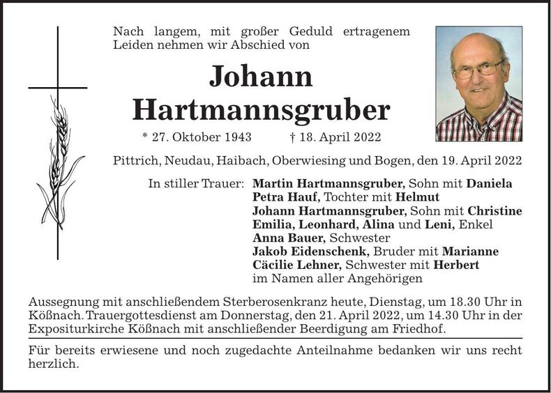 Traueranzeige Johann Hartmannsgruber