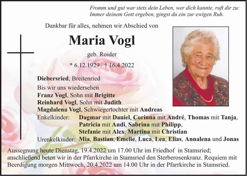 Traueranzeige Maria Vogl