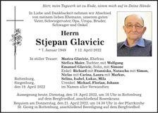 Traueranzeige Stjepan Glavicic