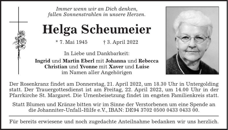 Traueranzeige Helga Scheumeier